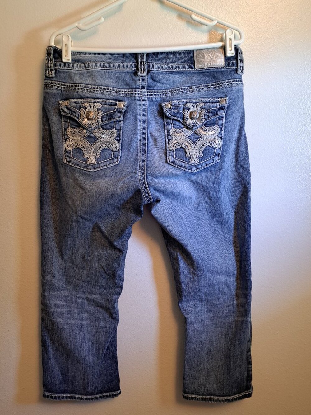 Maurices Premium Distress Denim Capris W/Embroidered Sequin Accent Flap Pockets